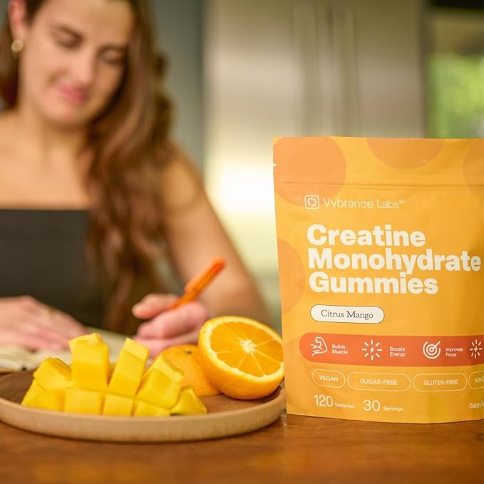 VYBRANCE LABS Creatine Monohydrate Gummies for Women | 5g per Serving, Sugar-Free | Taurine + Vitamin B12 | Strength, Energy & Focus Support | Vegan | Also for Men | Citrus Mango
