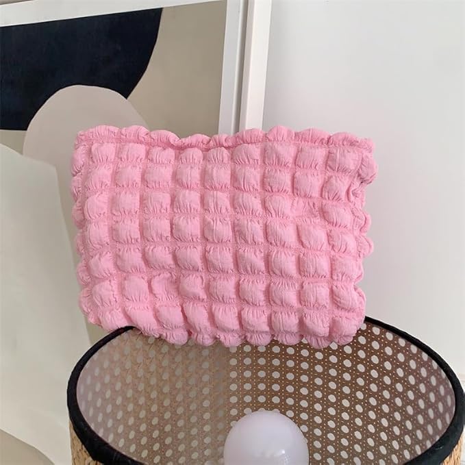 Flat Makeup Bag for Women,Zipper Cosmetic Pouch for Purse,Bubble Candy Pink