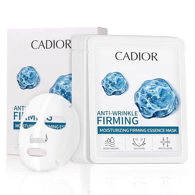 CADIOR Hydrating and Firming Essence Sheet Face Masks with Quadruple Peptide and Sodium Hyaluronate, Moisturizing & Anti-Wrinkle, Safe for Sensitive Skin, Pack of 10