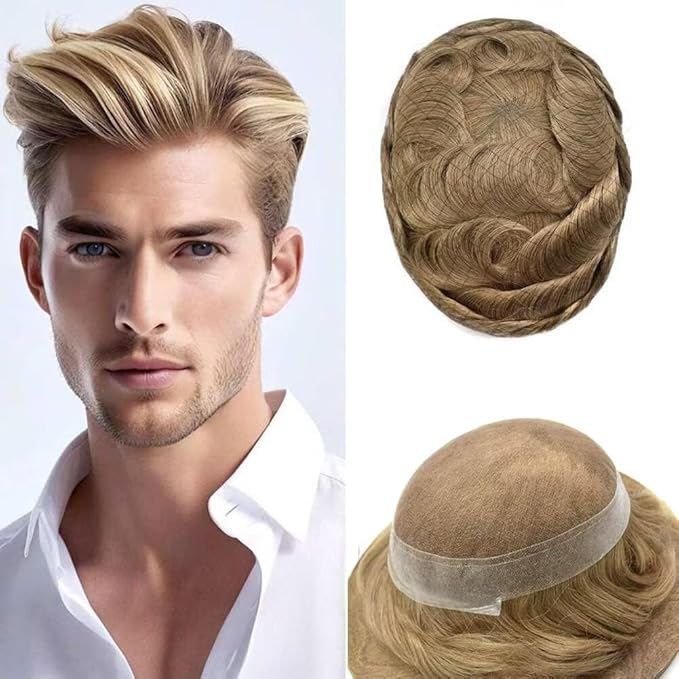 Mens Toupee Human Hair Piece French Lace Toupee for Man Hair System Indian Human Hair Replacement Systems V-Looped PU Front Hairpieces 6"X9" #18 Medium Blonde