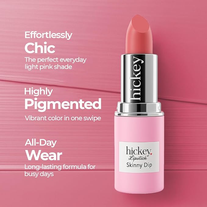 Hickey Lipstick Refill, Skinny Dip - Long Lasting Light Pink Lipstick - Hydrating Lip Color Infused with Nourishing Jojoba Oil for Women - Highly Pigmented, Vegan, Gluten-Free Formula