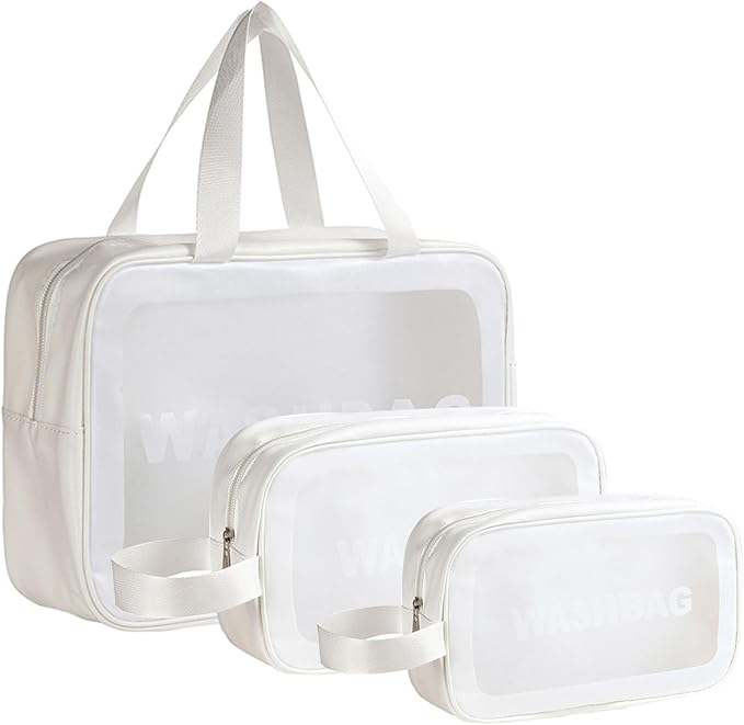 BIRDDIE Clear Travel Bags for Toiletries,3 Pack Toiletry Bag,Matte Translucent Toiletry Bag,Makeup Bag With Handy Handle,Travel Pouch,Makeup Cosmetic Organizer for Travel Essentials(White)