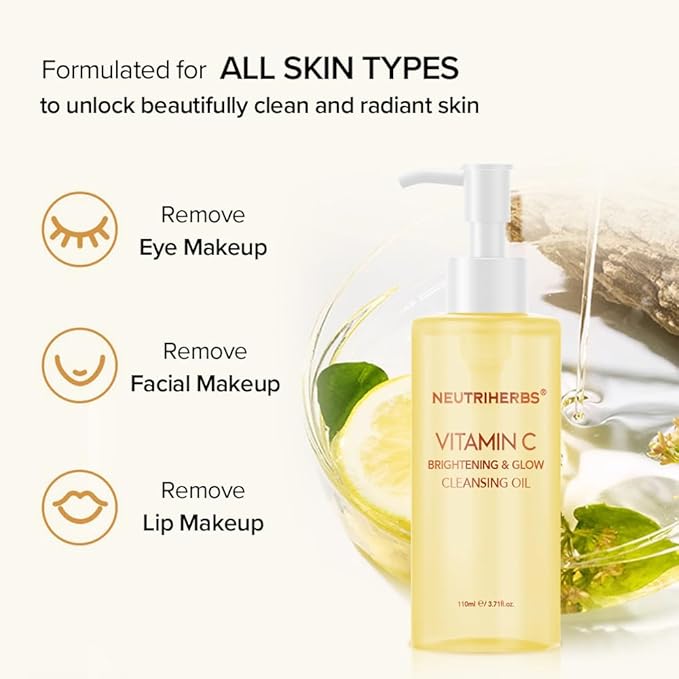 Neutriherbs Makeup Remover Oil Cleanser, Vitamin C Cleansing Oil for Long Last and Waterproof Makeup, Sunscreen, Fit All Skin Type - 3.71 Fl.Oz