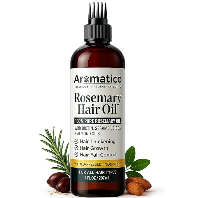 Aromatico Rosemary Hair Oil with Sesame, Jojoba and Almond Oils, Non-Sticky Hair Care Oil with Applicator Cap, 7 Fl Oz