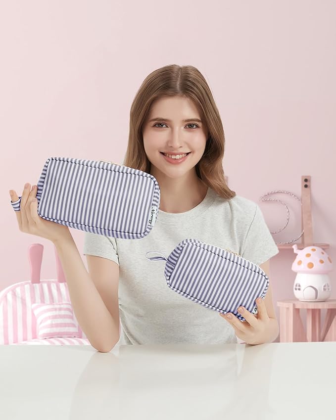 Narwey Cute Makeup Bag Small Toiletry Bag Travel Cosmetic Bag Organizer Make Up Bags with Organized Pockets for Women (Greyish Blue Stripe, Large)