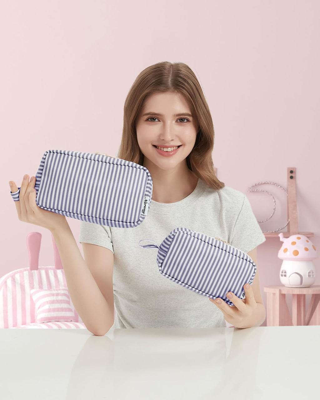 Narwey Cute Makeup Bag Small Toiletry Bag Travel Cosmetic Bag Organizer Make Up Bags with Organized Pockets for Women (Greyish Blue Stripe, Large)