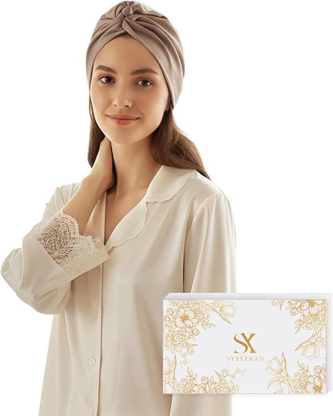 SYSERAN 100% Mulberry Silk Bonnet for Sleeping - Women Natural Curly Hair Night Cap Luxury Sleep Head Wrap with Elastic Band(Apricot)