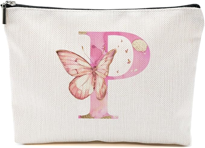 Initial Makeup Bag Pink Butterfly P Personalized Cosmetic Bag Monogrammed Gifts for Women Girls Bride Bridesmaid Monogram Zipper Pouch for Friendship Mothers Day Birthday Wedding Bridal Shower Gifts