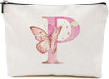 Initial Makeup Bag Pink Butterfly P Personalized Cosmetic Bag Monogrammed Gifts for Women Girls Bride Bridesmaid Monogram Zipper Pouch for Friendship Mothers Day Birthday Wedding Bridal Shower Gifts