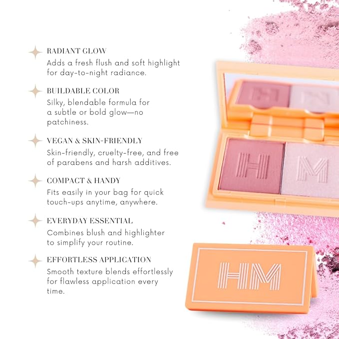 Haute Minute Makeup Blush + Brighten Highlighter Duo, Mini Lightweight Blendable Shimmer Blush, High Pigmented Makeup Powder Palettes, Cruelty Free - Don't Hurry, Be Happy!
