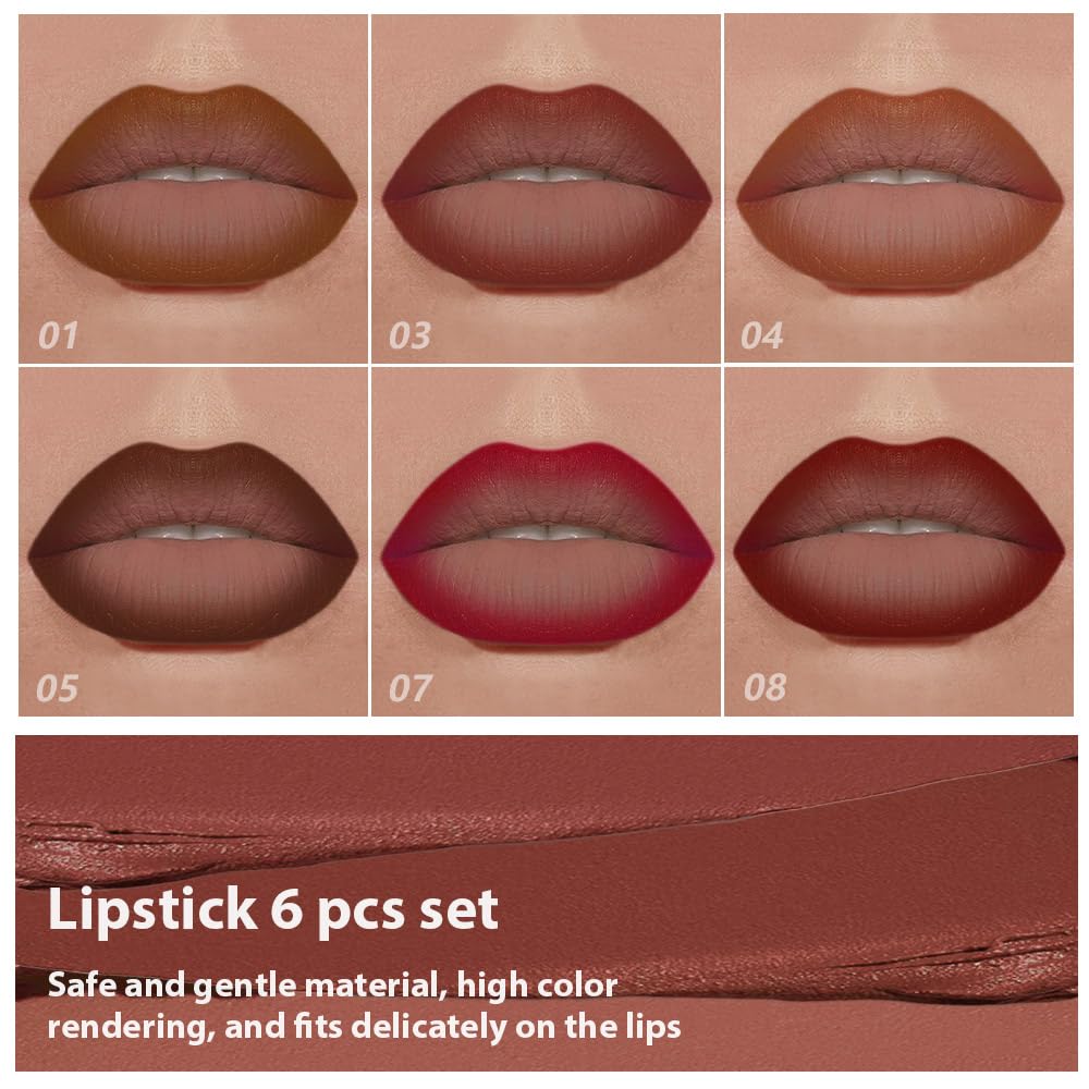 BINGBRUSH 6pcs Brown Lip Liners Set,Ombre 2-in-1 Lip Liners & Lipstick set