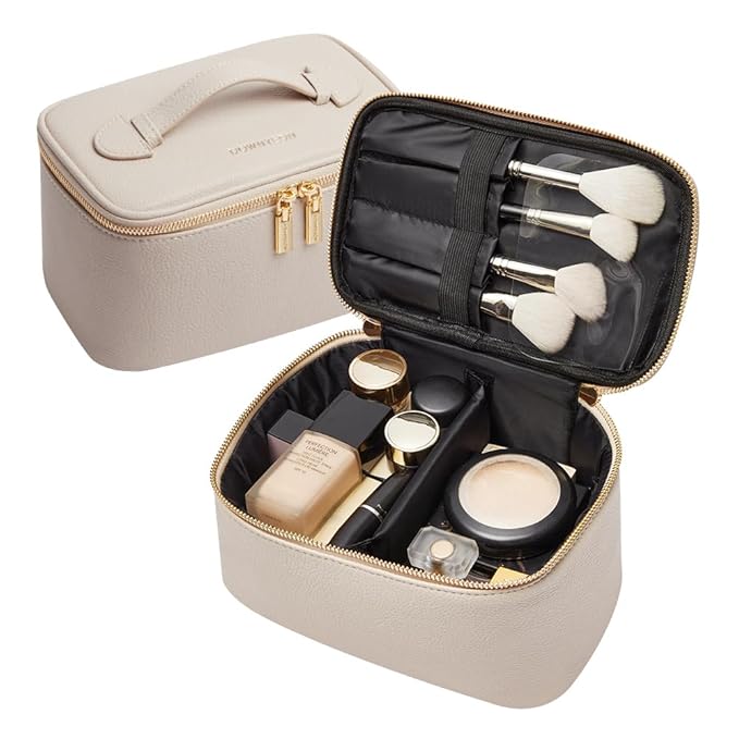 Camdeez Cosmetic Bag,ROWNYEON Makeup Bag,Portable Makeup Train Case,Travel Toiletry Bag Case Organizer for Women,Beige