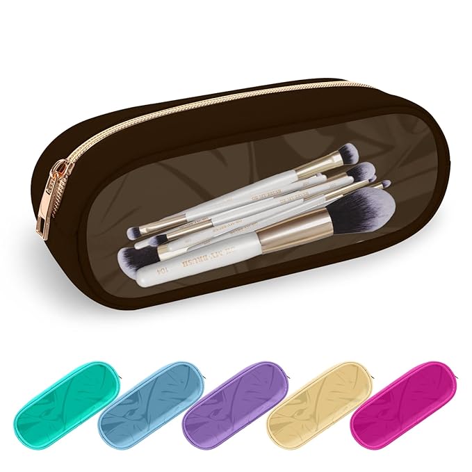 UIXIZQ Clear Small Pencil Pouch Makeup Bag for Purse,Nylon&PVC Pencil Case Waterproof Makeup Brush Holder with Zipper,Preppy Transparent Pen Bag Travel Cosmetic Bag for Women Office(Slim-Chocolate)