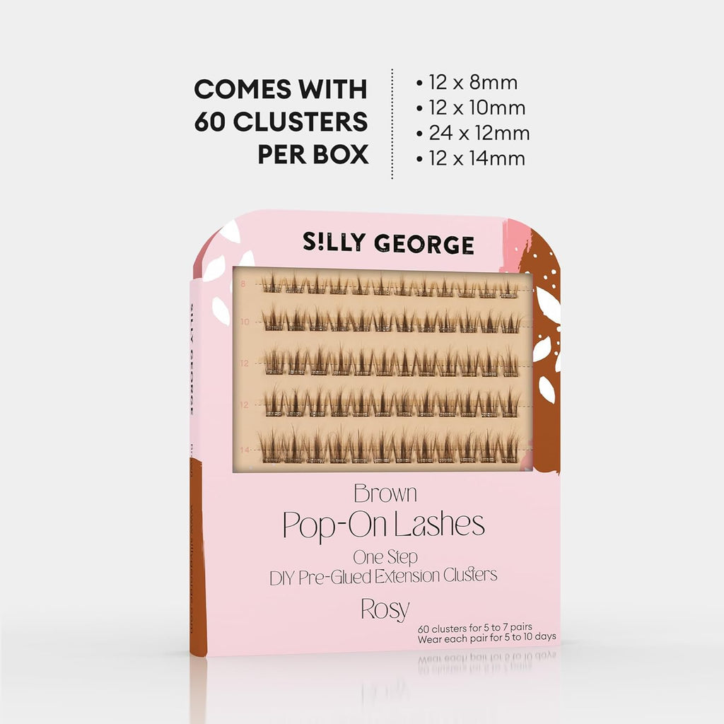 Silly George Pop-On Lashes - DIY 1-Step Pre-Glued Faux Eyelash Clusters, Natural Look Extensions, Light Brown - Rosy, 5-7 Pair Set, Pack of 60 Clusters