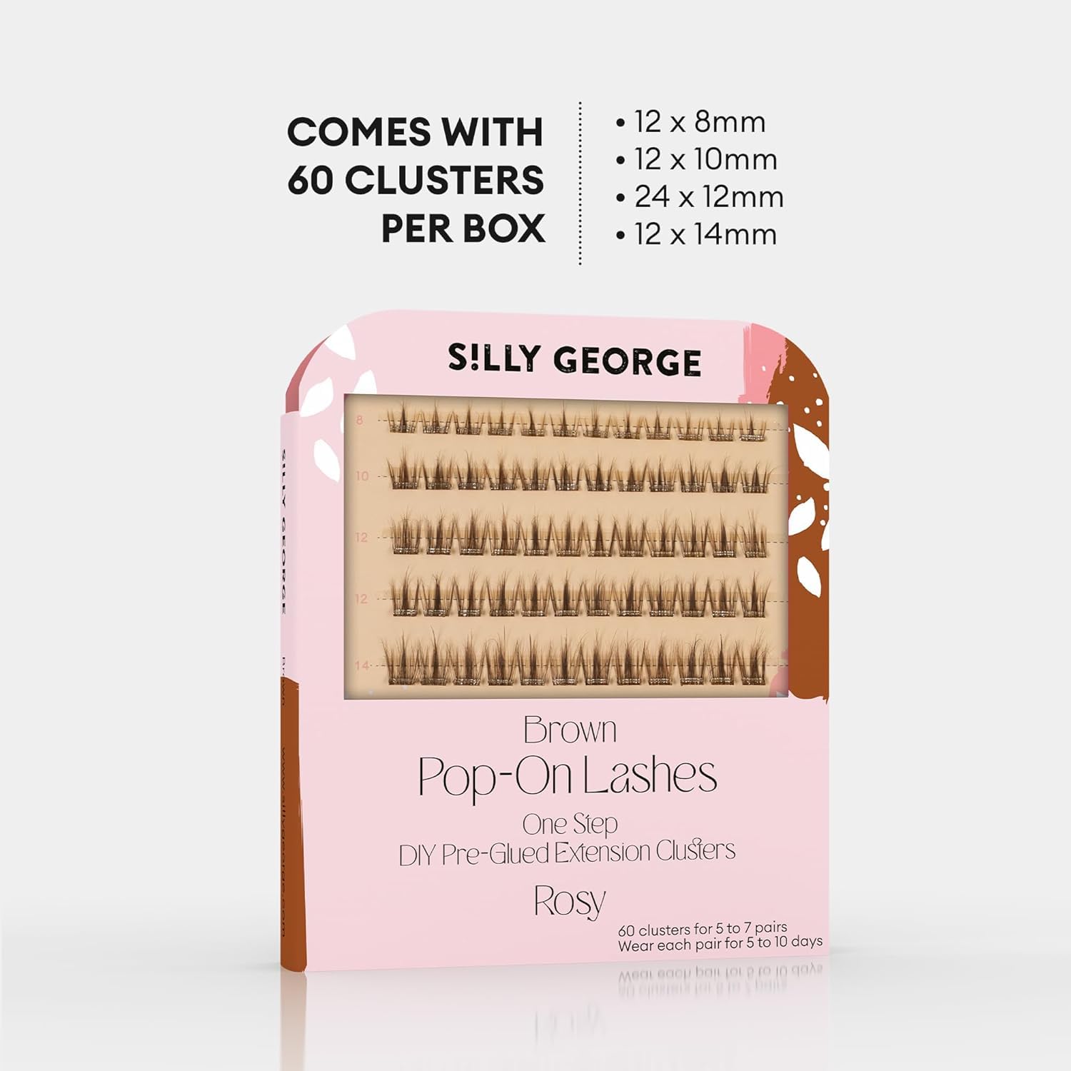 Silly George Pop-On Lashes - DIY 1-Step Pre-Glued Faux Eyelash Clusters, Natural Look Extensions, Light Brown - Rosy, 5-7 Pair Set, Pack of 60 Clusters