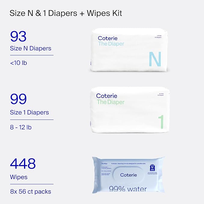 Coterie Baby Wipes + Diapers Kit, Size NB & Size 1 Diapers, 8-Pack Wipes