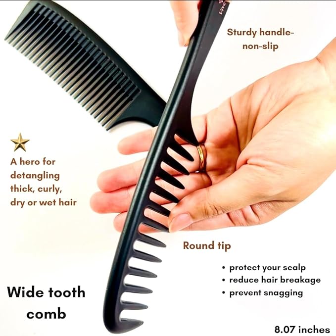 Vivedge Carbon Fiber Hair Comb Set for Curly Hair Woman|Wide Tooth Comb, Parting, Fine Tooth for Detangling, Styling for Natural Fine Straight to Curly, Thick, Wet or Dry Hair (Black-Pink)