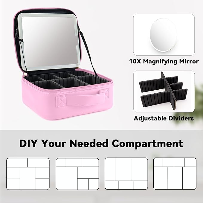 SLUMAZI Travel Makeup Bag with LED Mirror and 10x magnifying glass with 3 Lighted Settings, Adjustable Dividers and Makeup Brush Storage Bag Light Pink