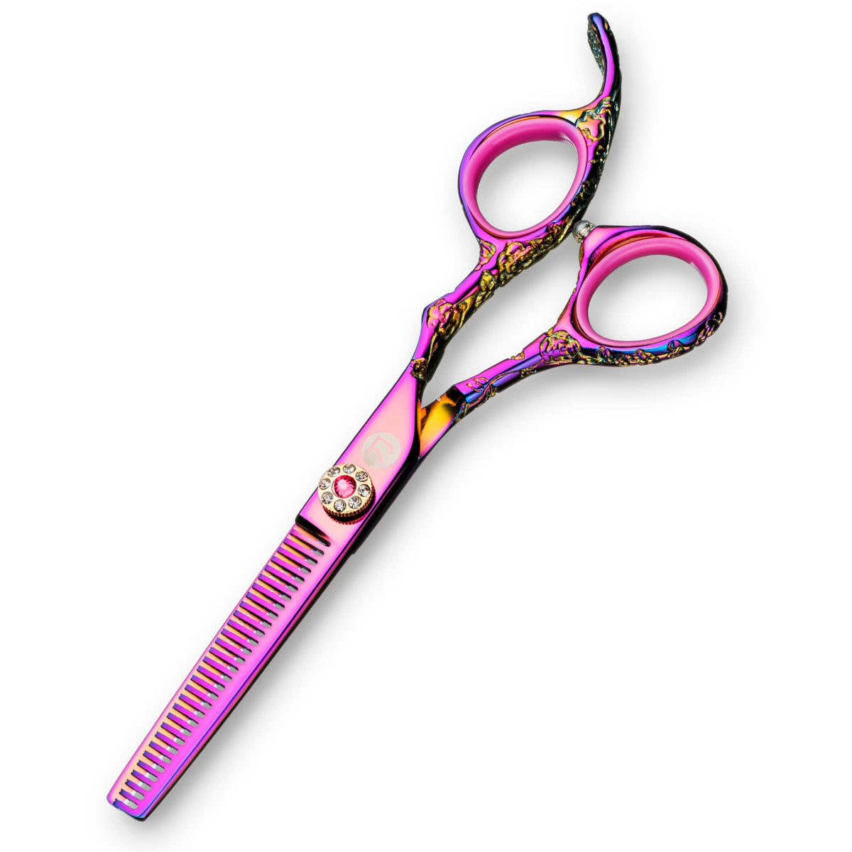 Saki Shears 6 Inch Set of Hair Cutting and Thinning Scissors With Flower Design on Handle and Finger Holes - 440C Stainless Steel - Professional Hair Cutting Set (Silver)
