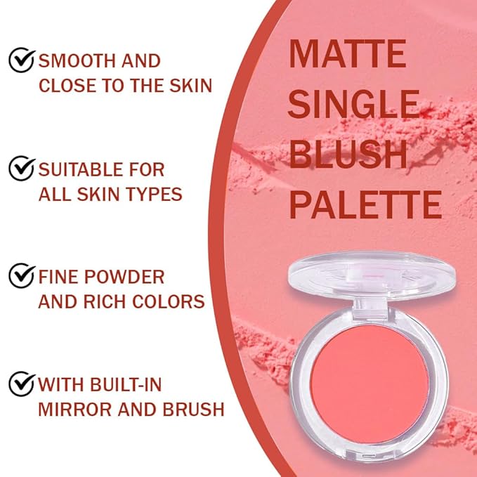 HHLTOH Blush for Cheeks Makeup Palette, Natural Matte Cream Powder Single Blushes for Eye and Cheek,Buildable Long-Lasting Color,Vegan & Cruelty-Free,Everyday Makeup Look for Women,#04-Watermelon Pink