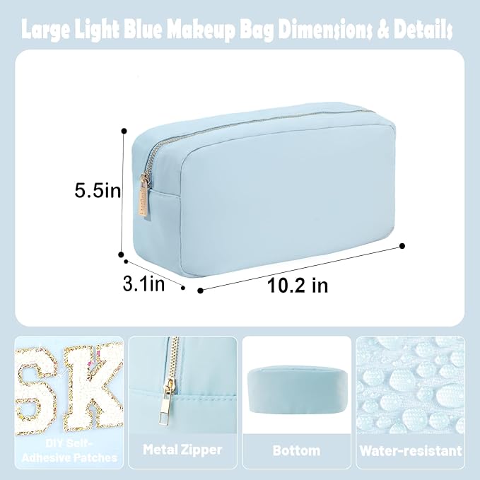 YogoRun Preppy Stuff Makeup Bag Travel Toiletry Bag for Women Water-resistant Nylon Zipper Cosmetic Pouch with Four Pockets L, Light Blue