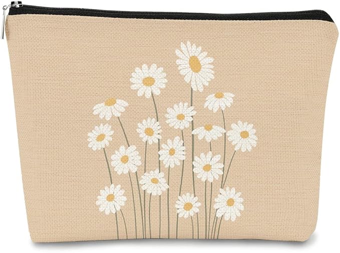 BARPERY Daisy Makeup Bag for Women - Pink Cosmetic Bag with Zipper - Travel Toiletry Bag Idea for Teen Girls & Women, Birthday or Christmas Presents