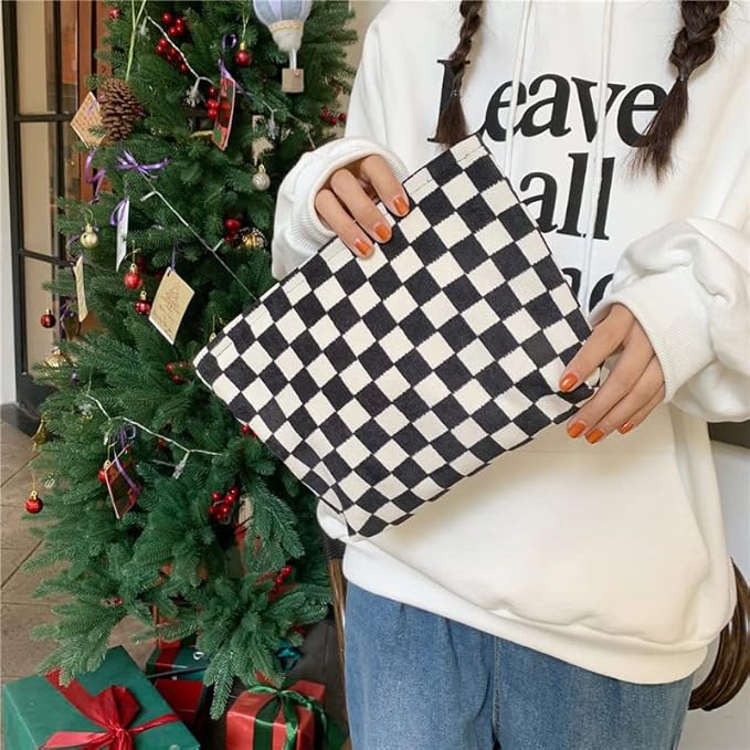 Flat Makeup Bag for Women,Zipper Cosmetic Pouch for Purse,Checkered Black