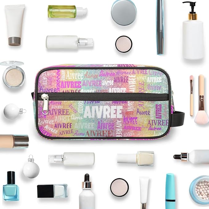 KFNHN Personalized Name Makeup Bag for Toiletries, Colorful Rainbow Glitter