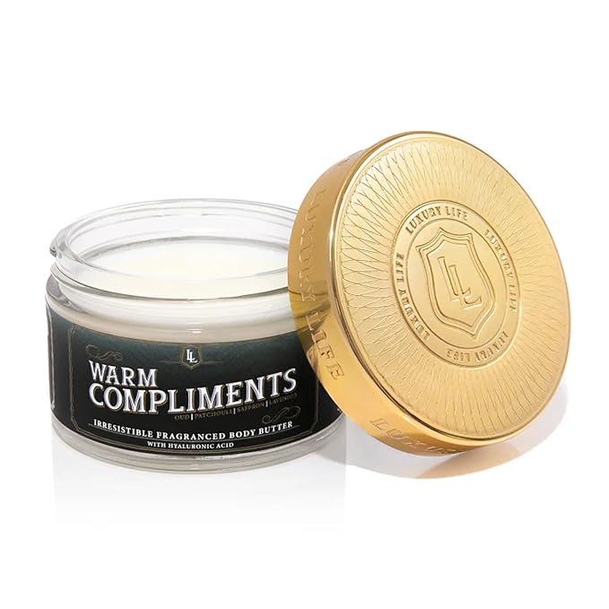 LUXURY LIFE BUTTER - 40% Extrait de Parfum Fragranced Body Butter with Hyaluronic Acid for Ultimate Moisture - Luxurious Room-Filling Natural Fragrances - Non-Greasy, USA Made, Warm Compliments, 5 oz
