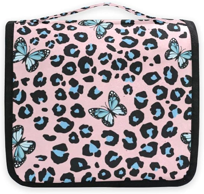 senya Hanging Travel Toiletry Bag Blue Butterfly Leopard Print Kit Makeup Case Cosmetics Organizer for Men Women 1.0 Fl Oz