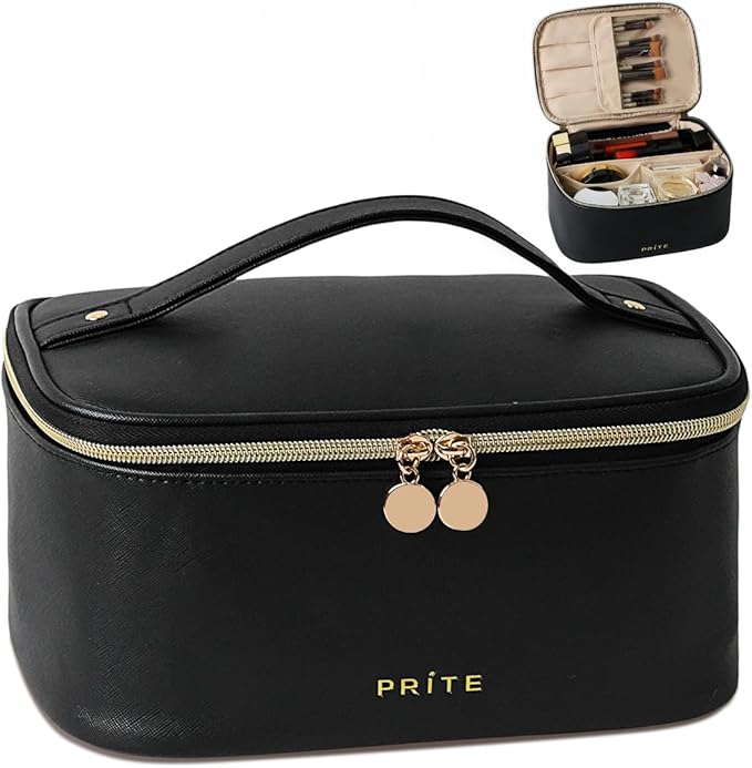 Prite Makeup Bag Travel Cosmetic Case, Women Toiletry bag Organizer, Black