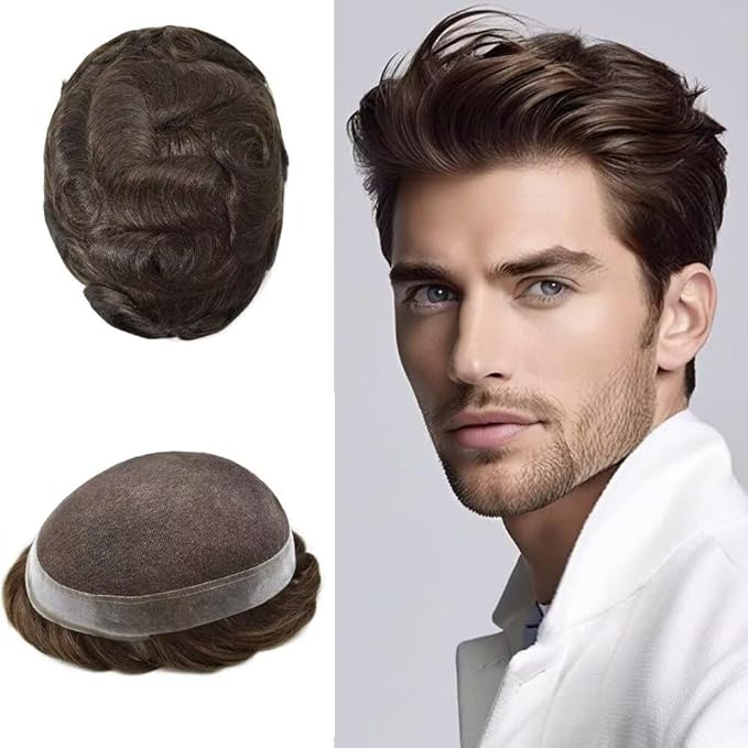 FACE MIRACLE Toupee for Men French Lace Hairpiece Human Hair Replacement System Skin PU Mens Toupee Hair Wigs for Man V-Looped Front Hair Prosthesis 6"X8" #4ASH