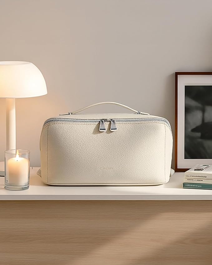 EACHY Travel Makeup Bag, Lychee Leather Large Capacity Cosmetic Bag for Women, Open Flat Toiletry Bag with TPU Brush Compartment, Waterproof Skincare Organizer Travel Essentials