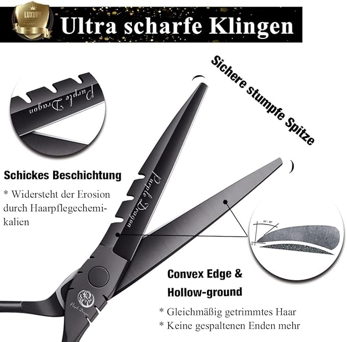 Purple Dragon 5.5 inch Hair Cutting Shears Set with Bag for Barbers - Black