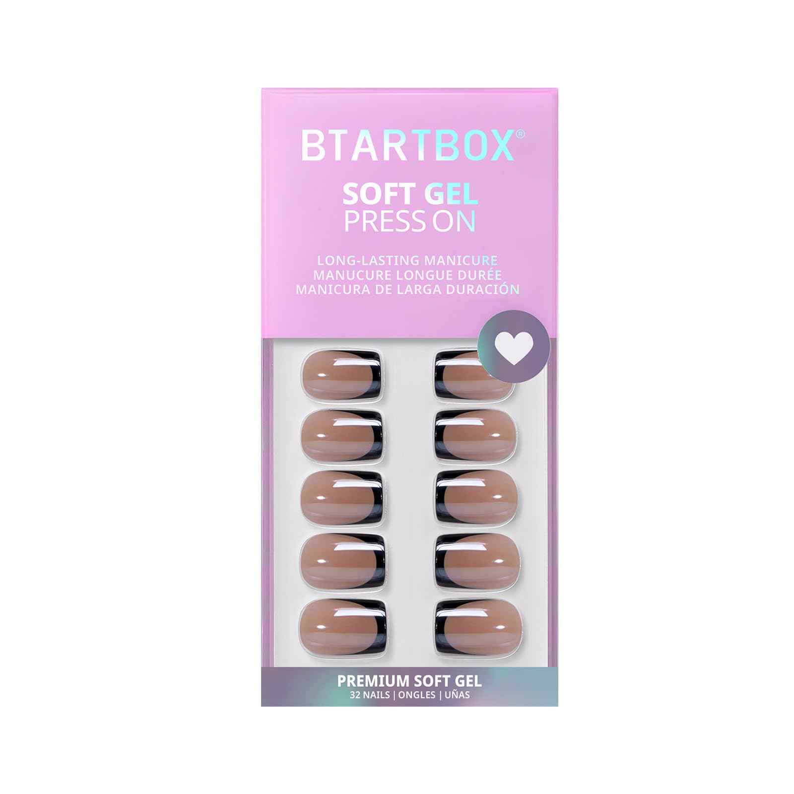 BTArtbox Press On Nails, Braveheart, Short Square, Black French Tip, 30Ct