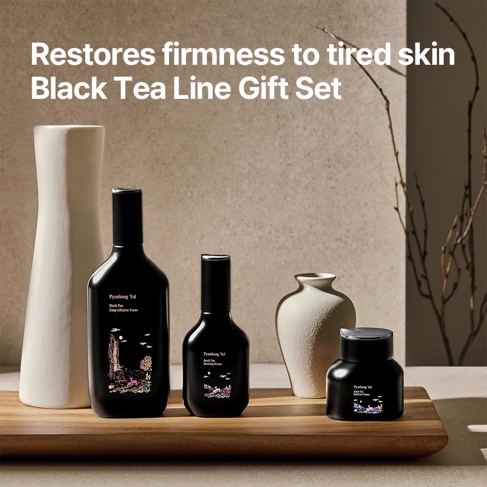 Pyunkang Yul PKY Black Tea Line Gift Box Set, Deep Nurishment for Anti-aging, Rich Moisture Toner, Revitalizing Serum & Condensed Nourishing Cream, Zero-Irritation, Korean Skincare (3-item set)