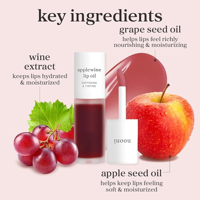 NOONI Korean Lip Oil - Applewine - Plumping & Hydrating Tinted Lip Gloss