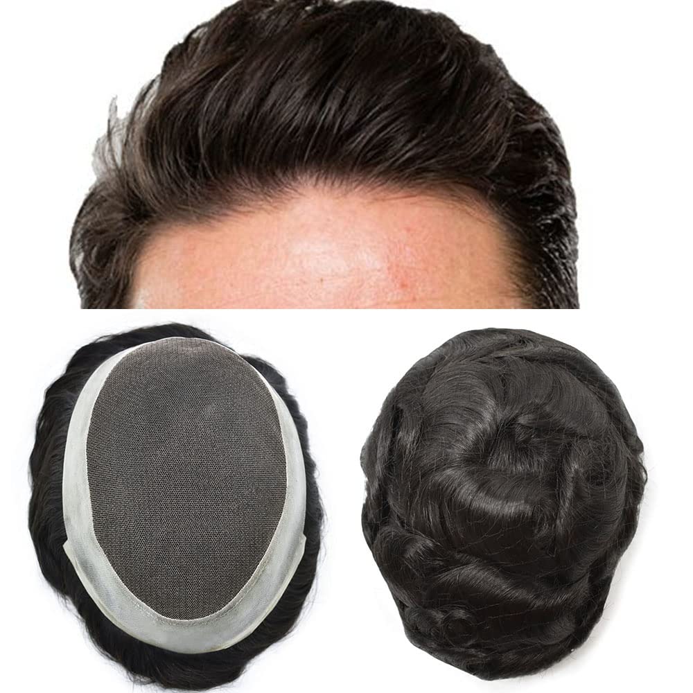 FACE MIRACLE Toupee for Men French Lace Hairpiece Human Hair Replacement System Skin PU Mens Toupee Hair Wigs for Man V-Looped Front Hair Prosthesis 6"X8" 4# MEDIUM BROWN — 8X10