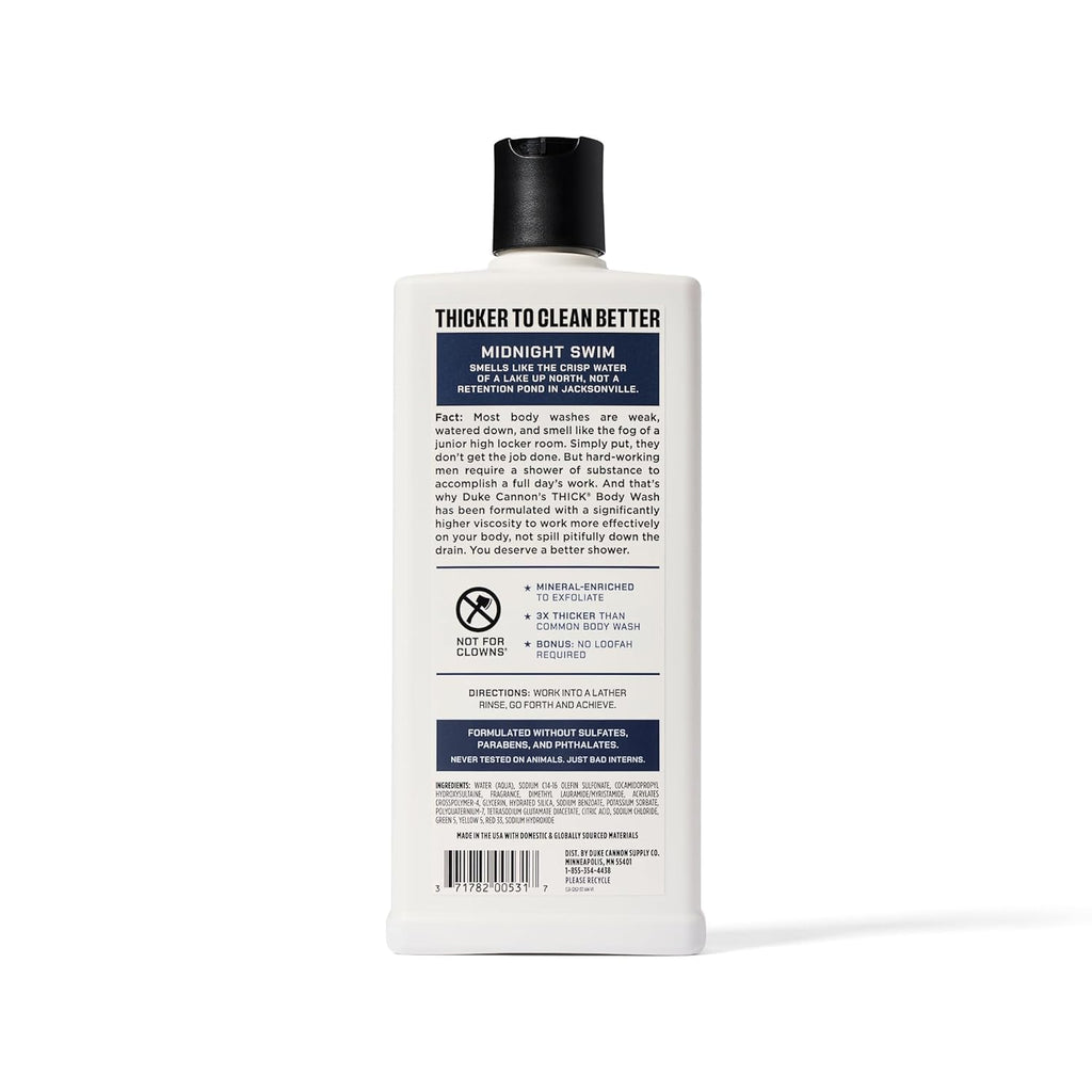 Duke Cannon Supply Co. Thick High Viscosity Body Wash - 3X Thicker, Cleansing Shower and Bath Gel, Mineral-Enriched Body Wash for Men - Sandalwood + Lavender - Mens Body Scrub - Midnight Swim (18 oz)