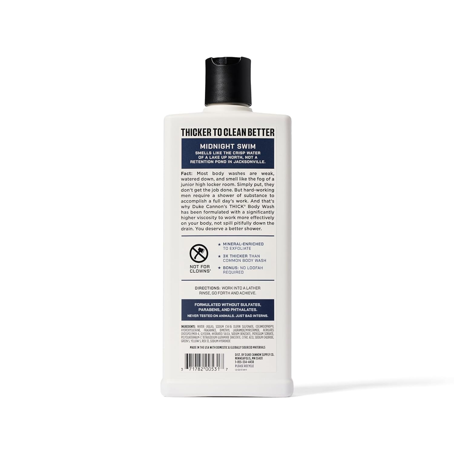 Duke Cannon Supply Co. Thick High Viscosity Body Wash - 3X Thicker, Cleansing Shower and Bath Gel, Mineral-Enriched Body Wash for Men - Sandalwood + Lavender - Mens Body Scrub - Midnight Swim (18 oz)