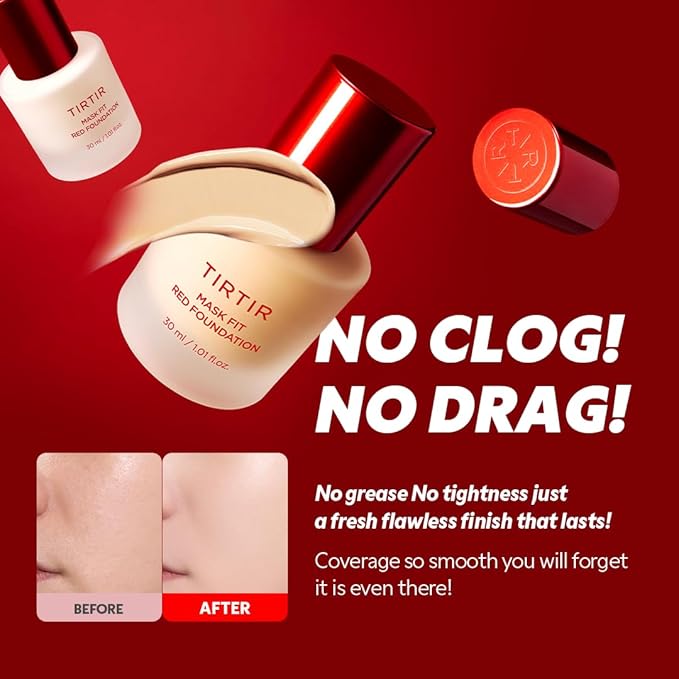 TIRTIR Mask Fit Red FoundationㅣLong Lasting Flawless Coverage, Energy Essence, Lightweight, Hydrating, Pore-Blurring, Breathable Satin Finish, Makeup, Radiant Skin, #17N Vanilla, 1.01 Fl Oz