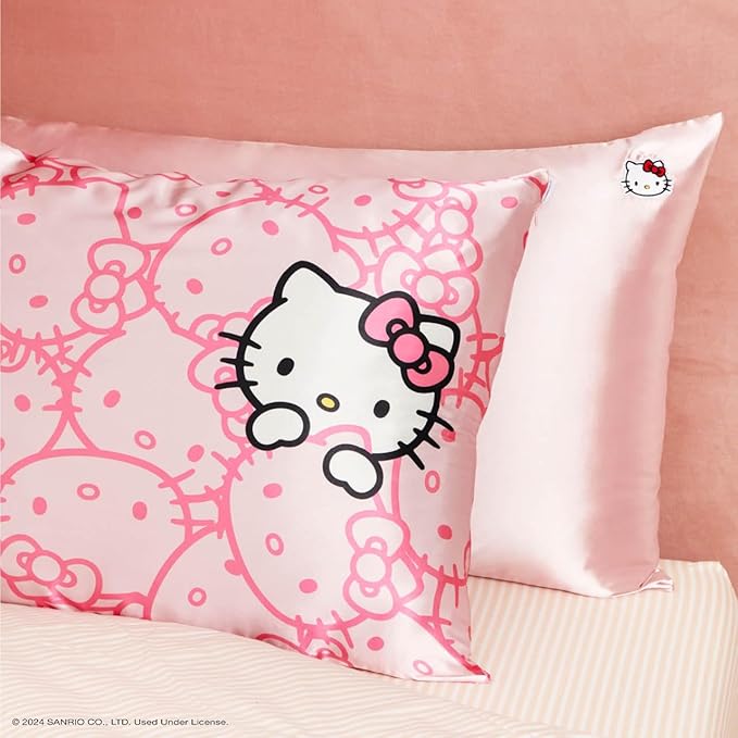 Kitsch x Hello Kitty Satin Pillowcase - Size 19x36, Pink Kitty Faces