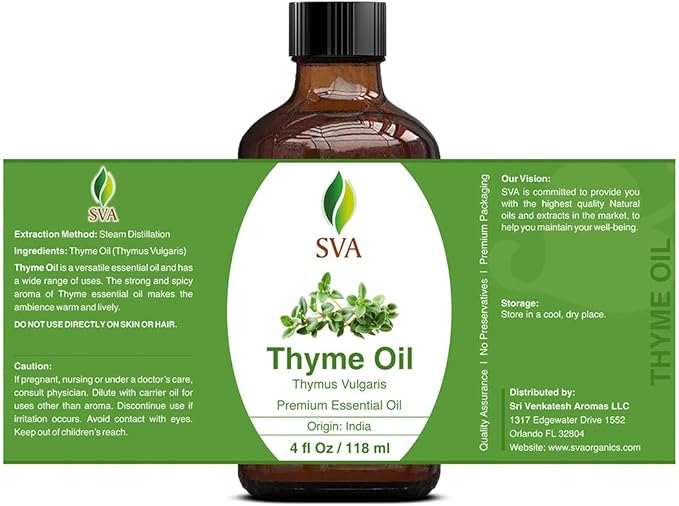 SVA Thyme Essential Oil 4 Fl Oz – for Diffuser, Skin & Hair Care – Ideal for Massage & DIY Blends – with Dropper