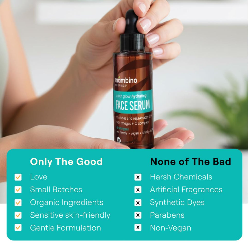 Mambino Organics Youth Glow Hydrating Serum, Vitamin C Face Serum with Marula, Rosehip Oil, Revitalizing Skin, Fades Dark Spots, Smooths Texture, Organic, Vegan, Skin Care, 1 fl oz
