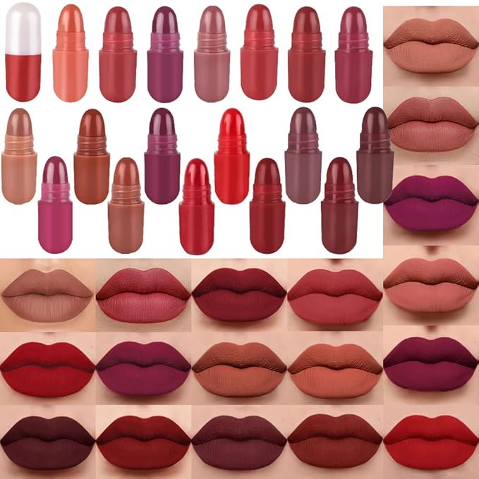 evpct 18Pcs Mini Pills Lipstick Capsule Set for Women Waterproof Long Lasting Deep Red Matte Small Magic Permanent 24 Hour Lipstick Bulk Samples Sampler labiales mate 24 horas originales 02