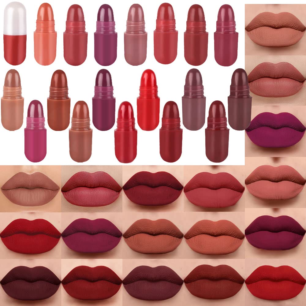 evpct 18Pcs Mini Pills Lipstick Capsule Set for Women Waterproof Long Lasting Deep Red Matte Small Magic Permanent 24 Hour Lipstick Bulk Samples Sampler labiales mate 24 horas originales 02