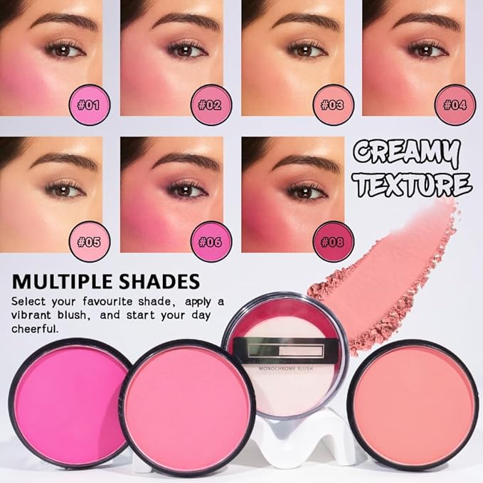 HHLTOH Natural Single Matte for Face Cheeks Blush with Makeup Powder Puff, Nude Skin Monochrome Blush Cream Powder Makeup Palette Blushes Long-lasting Color Blendable Foundation for Women Every Day 03