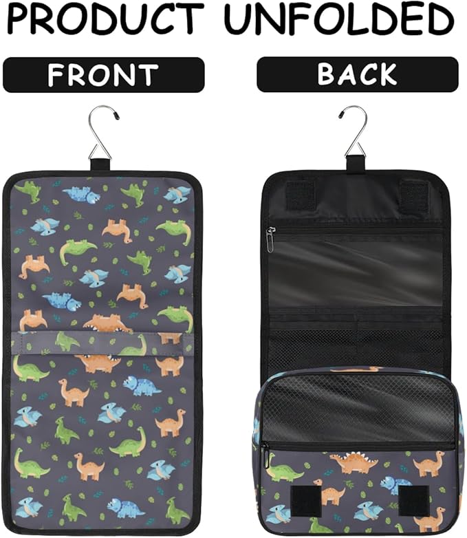OMFUNS Cute Dinosaur Hanging Travel Toiletry Kit Bag with Hook for Men and Boys, Cartoon Dino Makeup Case Waterproof Cosmetic Bag Storage Bag Organizer for Accessories Toiletries