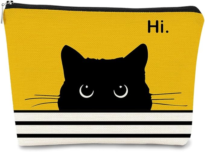 BARPERY Cat Makeup Bag - Small Cute Cosmetic Bag for Women & Teen Girls - Birthday & Cat Lady Gifts (Black, Yellow)