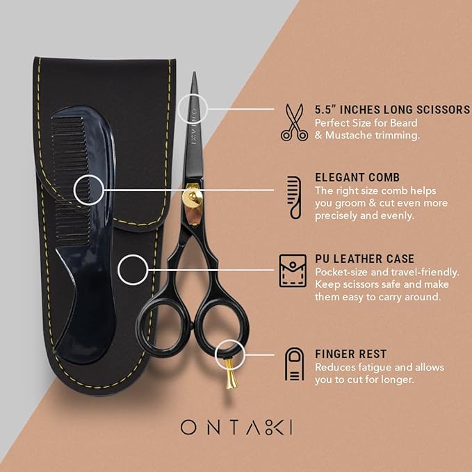 Ontaki Beard & Mustache Scissors & Combs - 5.5" Japanese Steel, Black